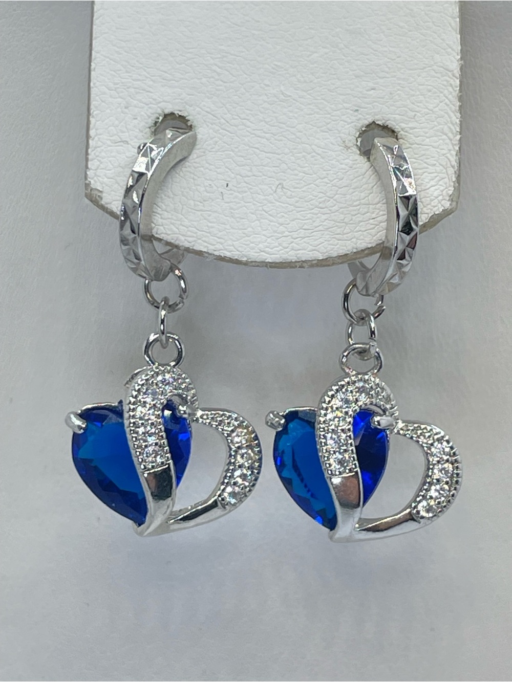 Silver Sapphire Blue CZ Heart Dangle Hoop Earrings New Romantic
